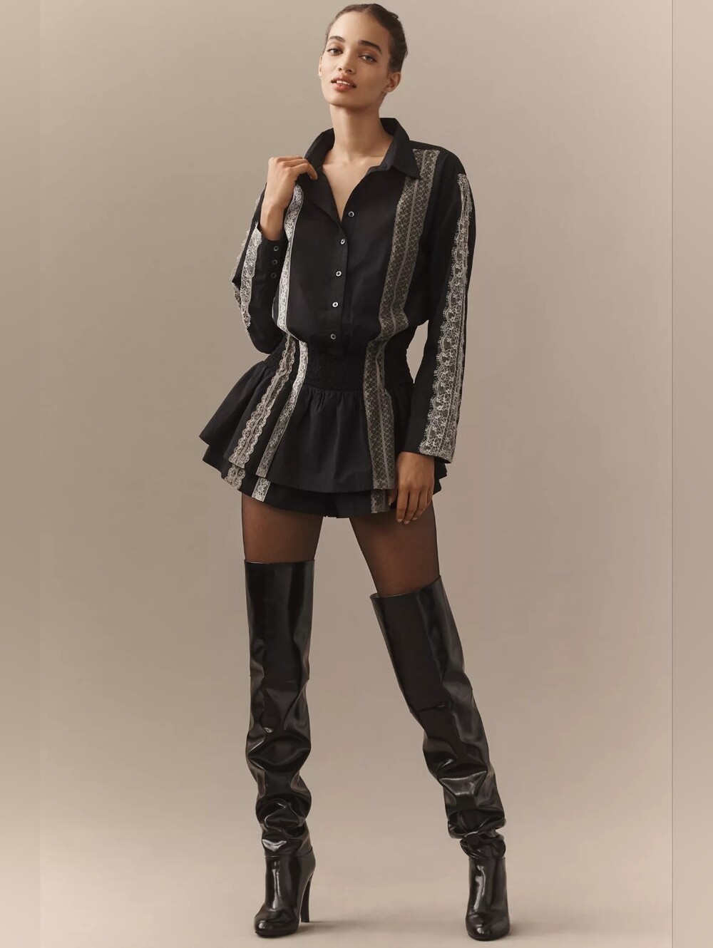 NWT Anthropologie Black Poplin Lace Skirty Romper Smocked Waist Large